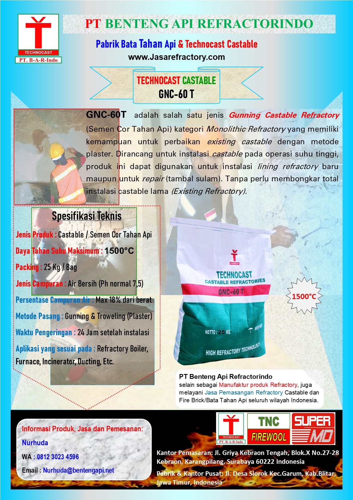 Castable Technocast GNC-60 T, Semen plester tahan api untuk boiler furnace