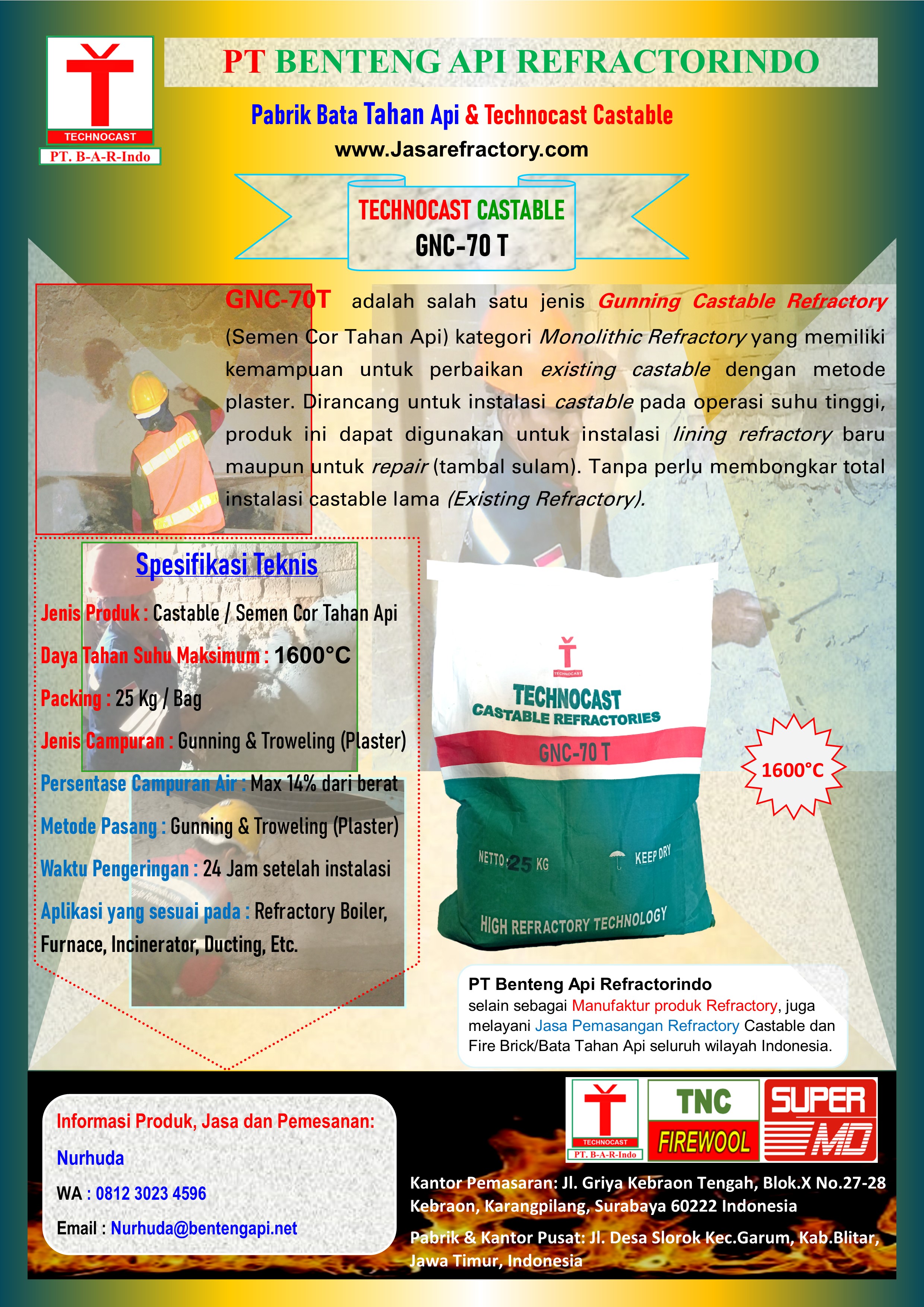 Castable Technocast GNC-70 T, Semen plester tahan api untuk boiler furnace